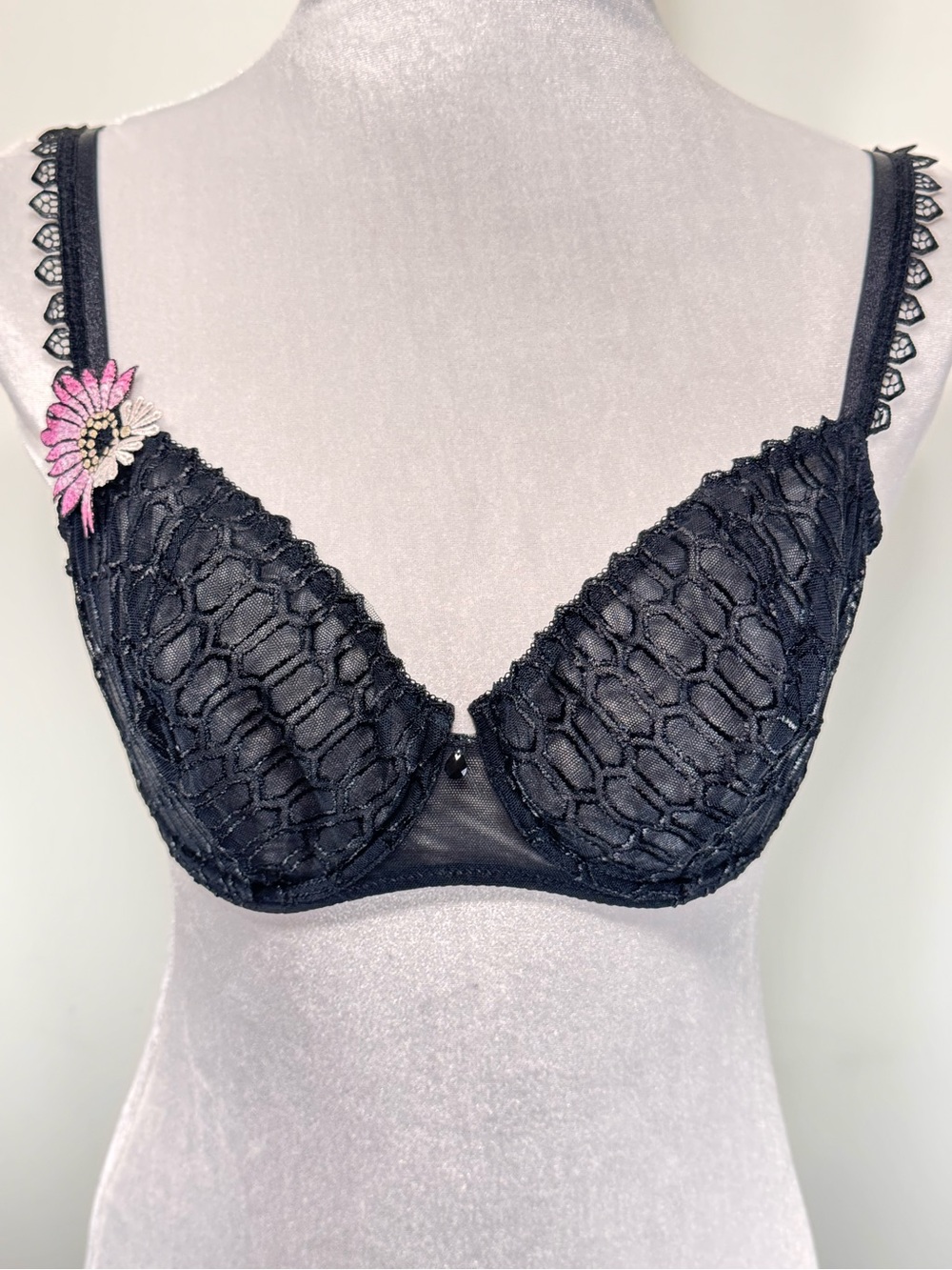 Louisa Bracq Black Lace Sheer Unlined Underwire Bra Decorative Flower Size 34E